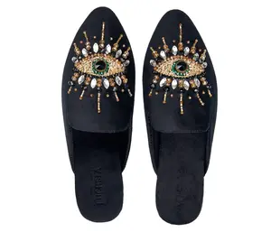 Pointed Toe Artisanal Evil Eye Mules Shoes Black Women's Mule Embroidery