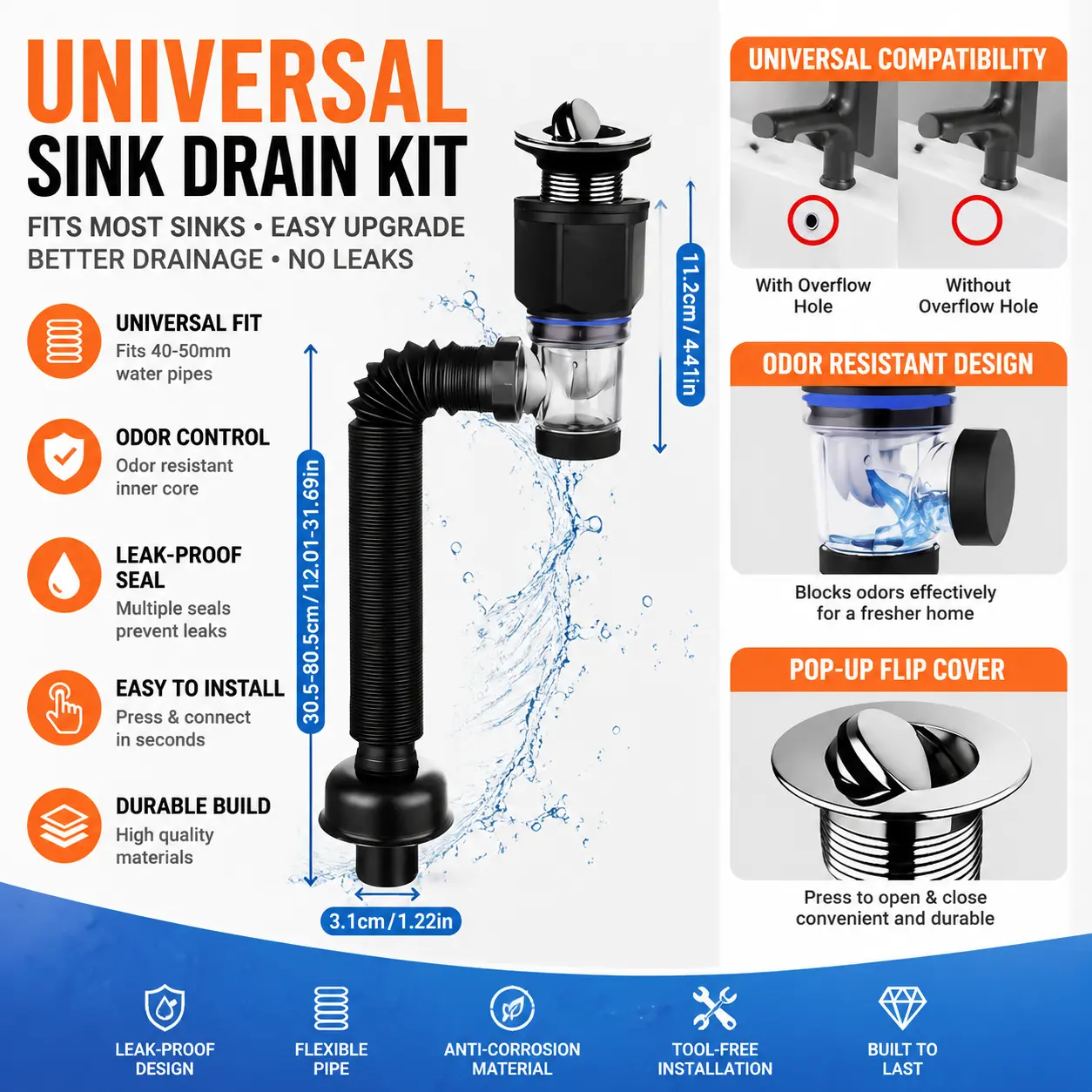 1 Pack Bathroom Sink Drain Kit with Expandable P-Trap Pipe, Adjustable Straight or Side Mount Design, Premium Stainless Steel & ABS Construction, Easy Install Vanity Sink Drain Replacement