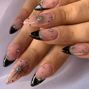 24pcs Long Almond French Star Diamond Design Acrylic Press-On Nails Set, Includes Jelly Glue and Nail File, Easy Wear, Perfect for Parties
