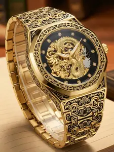 Men's Vintage Dragon Engraving Design Mechanical Watch, Fashion Watch for Party, Daily Clothing Decor, Trendy All-match & Exquisite Watch for Birthday Gift with Box