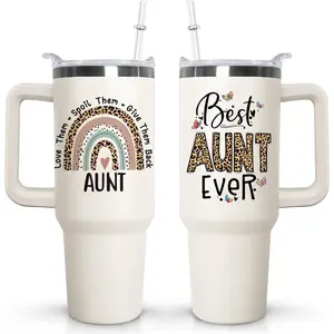 Ceovfoi Aunite Handle Tumbler with Handle Lid and Straw, 40 oz Best Auntie Ever Vacuum Insulated Travel Coffee Mug CupTumbler, Gifts for Aunt from Niece Nephew