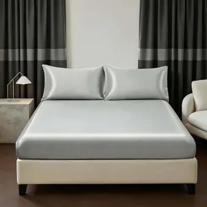 3-Piece Luxury Satin Sheet Set with 2 Pillowcases, Gray Ultra-Soft Deep Pocket Fitted Sheet 3-Piece Set, Breathable, Cool & Smooth Mattress Protector, Suitable for All Seasons, Gentle on Hair and Skin.