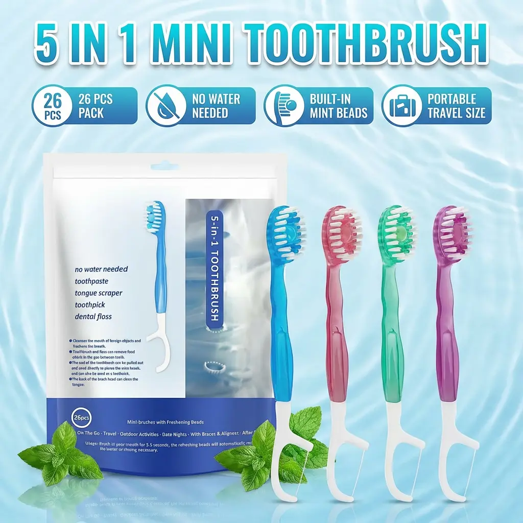 5-in-1 Toothbrush, 26pcs Pack Mini Disposable Oral Care Set with Floss ...