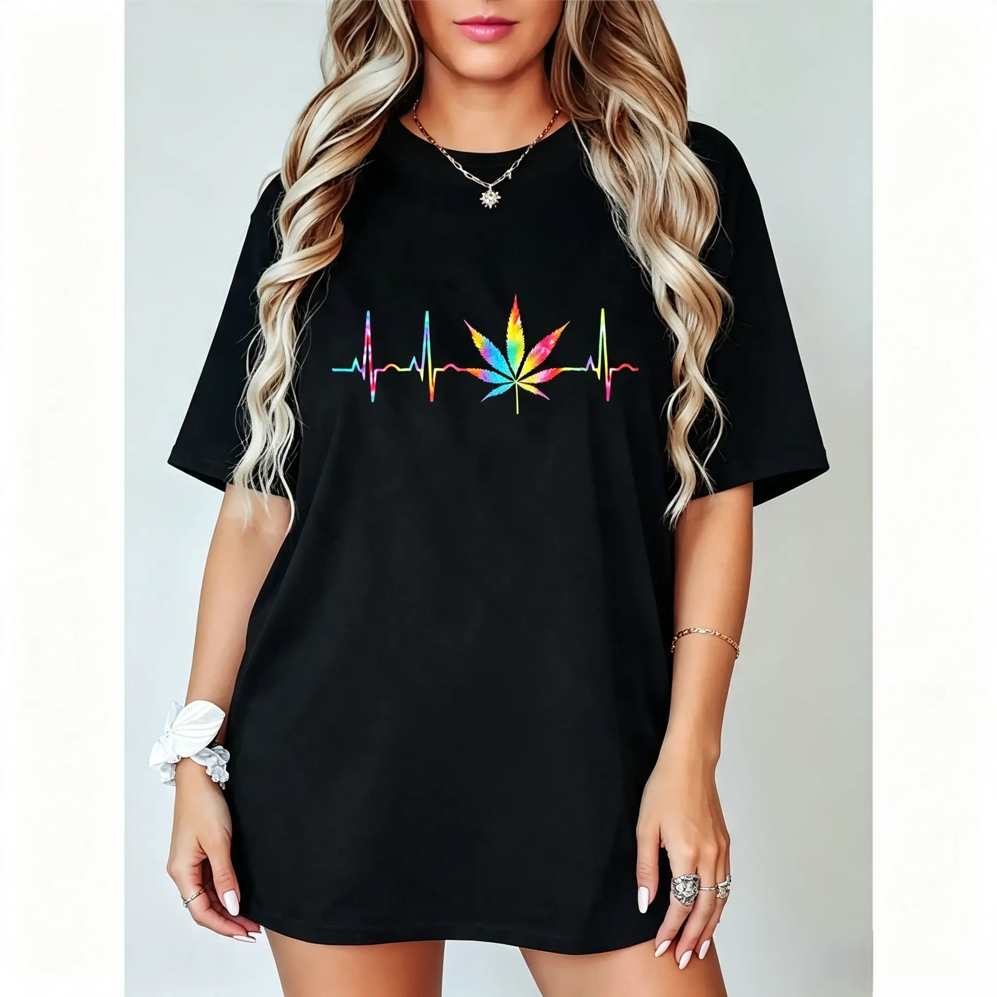 100% Cotton Unisex Weed Fun Cannabis Marijuana Leaf Heartbeat Stoner Tie Dye T-Shirt Casual Top