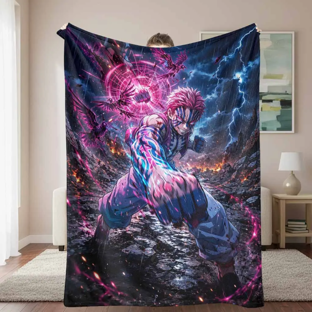 Anime Warrior Flannel Blanket - Neon Raven Storm Print, Soft Cozy Plush, Lightweight Warm Microfiber Quilt, Fading-Proof Whimsical Home Decor for Sofa, Bed, House Decor Gift
