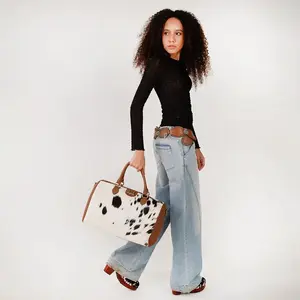 Loyal West Silver Standard Medium Duffle Bag - Premium Hairon Cowhide & Calfskin Travel Bag with Adjustable Strap & Spacious Interior