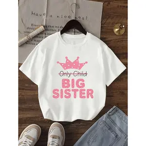 Big Sister Polka Dot Crown Pattern Print T-Shirt, Summer Round Neck Short Sleeve Top for Girls, Stretchy And Comfortable Clothing