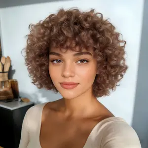 Short Curly Wig Glueless Wigs with Bangs Wear To Go Chocolate Brown Color Wig for Women 180 Density Brazilian Virgin Human Hair Glueless No Lace Machine Made Wig