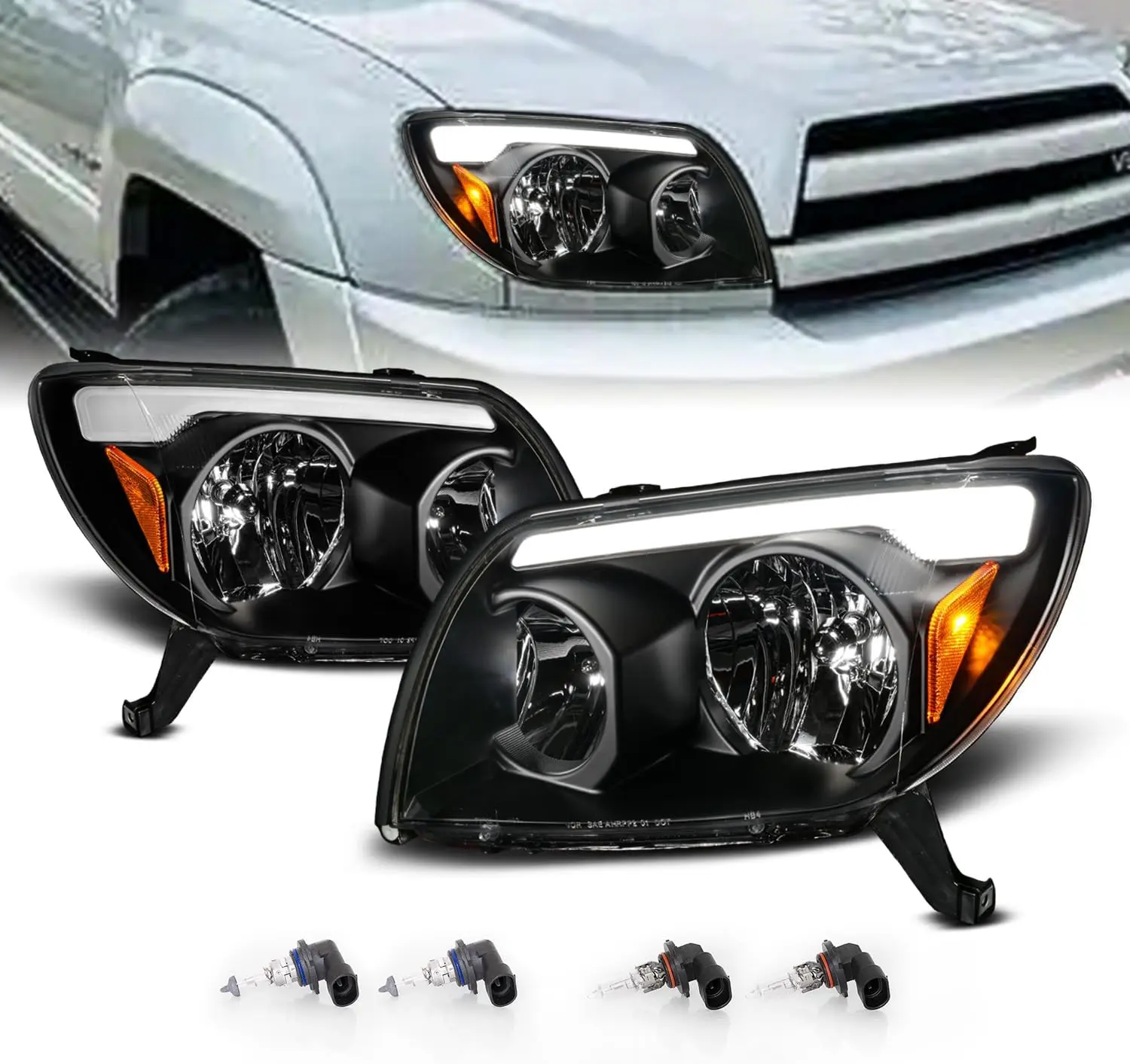 AmeriLite For 2003-2005 Toyota 4Runner Sport SUV LED Tube Parking Light Bar Black Replacement Headlights Pair - Passenger and Driver Side
