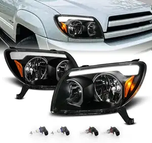 AmeriLite For 2003-2005 Toyota 4Runner Sport SUV LED Tube Bar Black Replacement Headlights Pair - Passenger and Driver Side