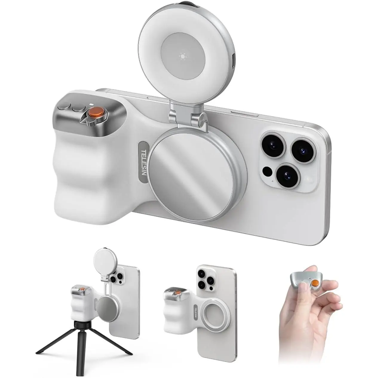 【Father's Day Gift】TELESIN Fun Shot Magnetic Phone Camera Grip + C03 Magnetic Selfie Light (Silver) Bundle, MagSafe-Compatible Kit for Smartphone, Cellphone, Mobile Device, iPhone, Android Content Creators, Photography