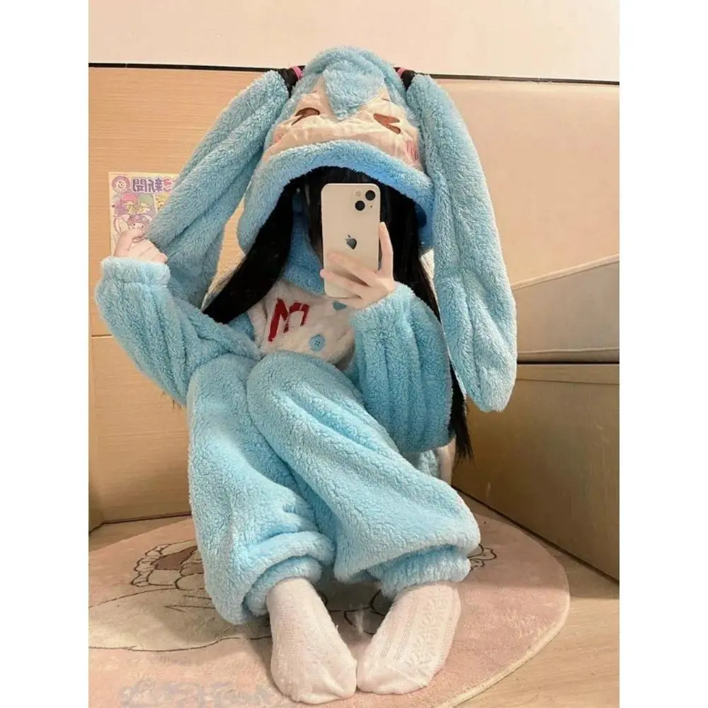 Coral Velvet Hatsune Miku Pajamas for Women Autumn and Winter Thickened Warm Flannel High Beauty Household Clothes Two-piece Set