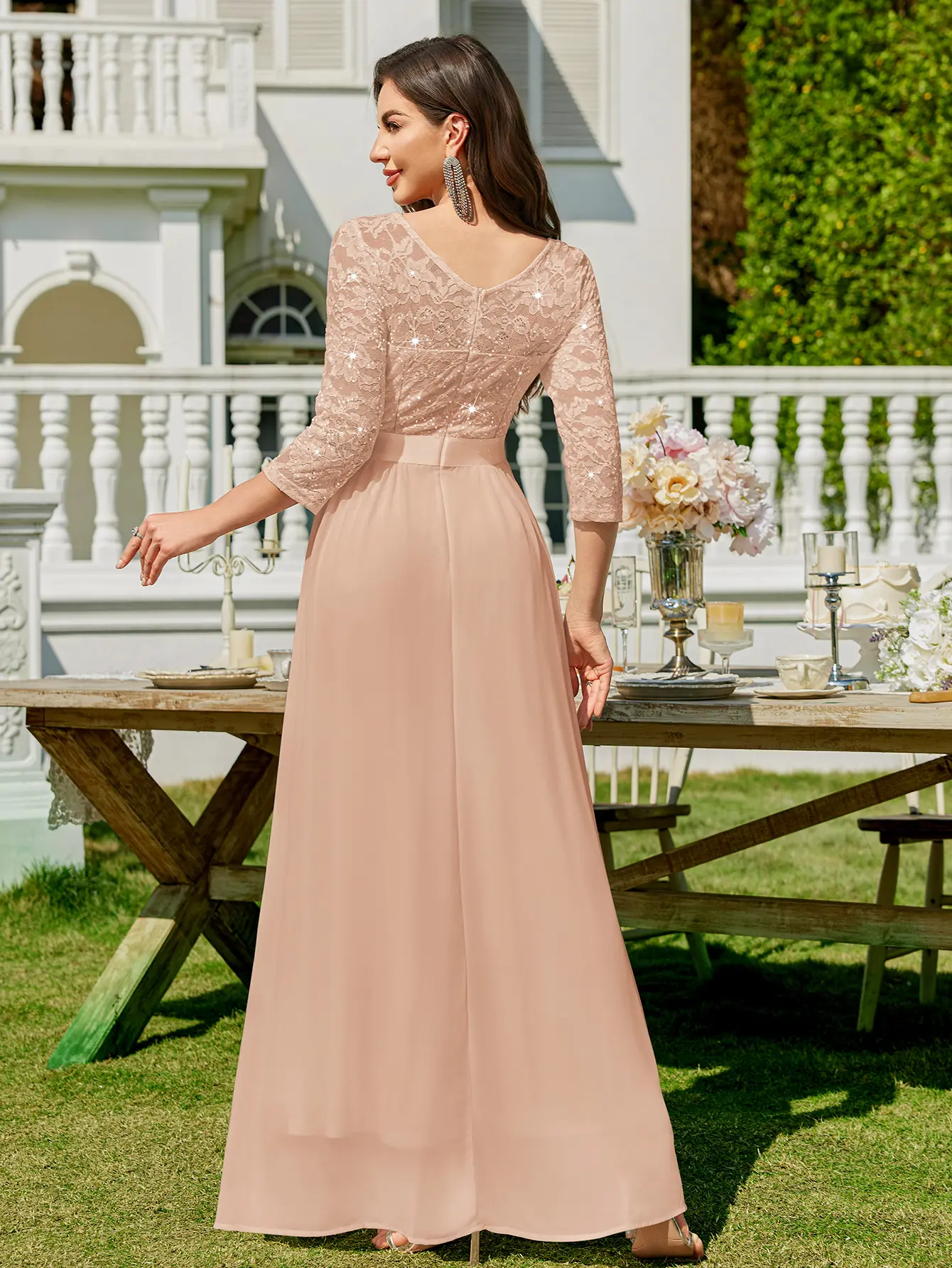 formal dresses 3 4 sleeve Sequin Embroidered 3/4 Sleeve Gown by GLS Gloria GL3446 M / Champagne