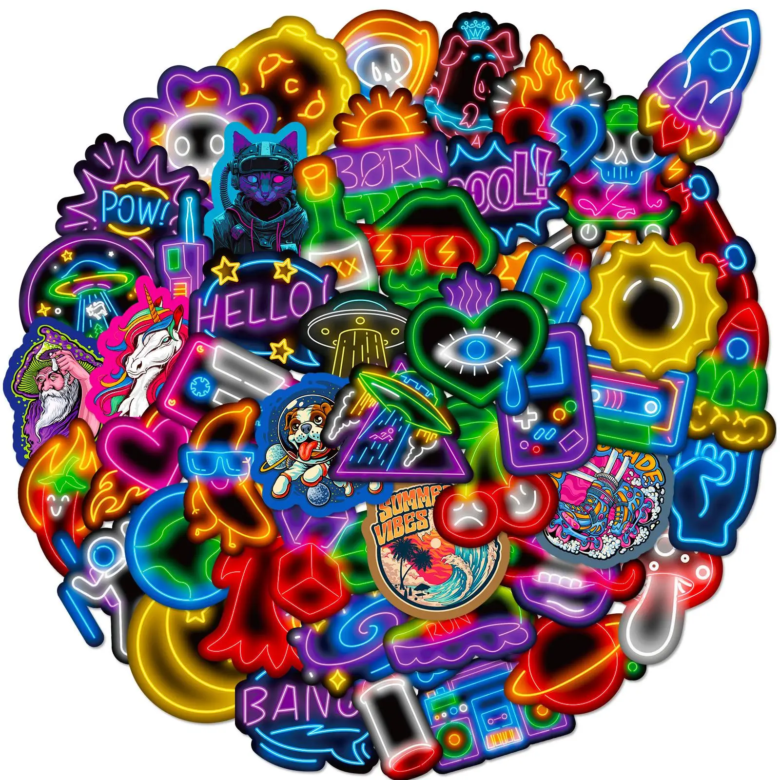 50pcs Neon Aesthetics Cartoon Pattern Creative Decorative Vinyl Sticker for Diy Water Bottle, Laptop, Skateboard, Notebook, Suitcases, Cool Sticker fo