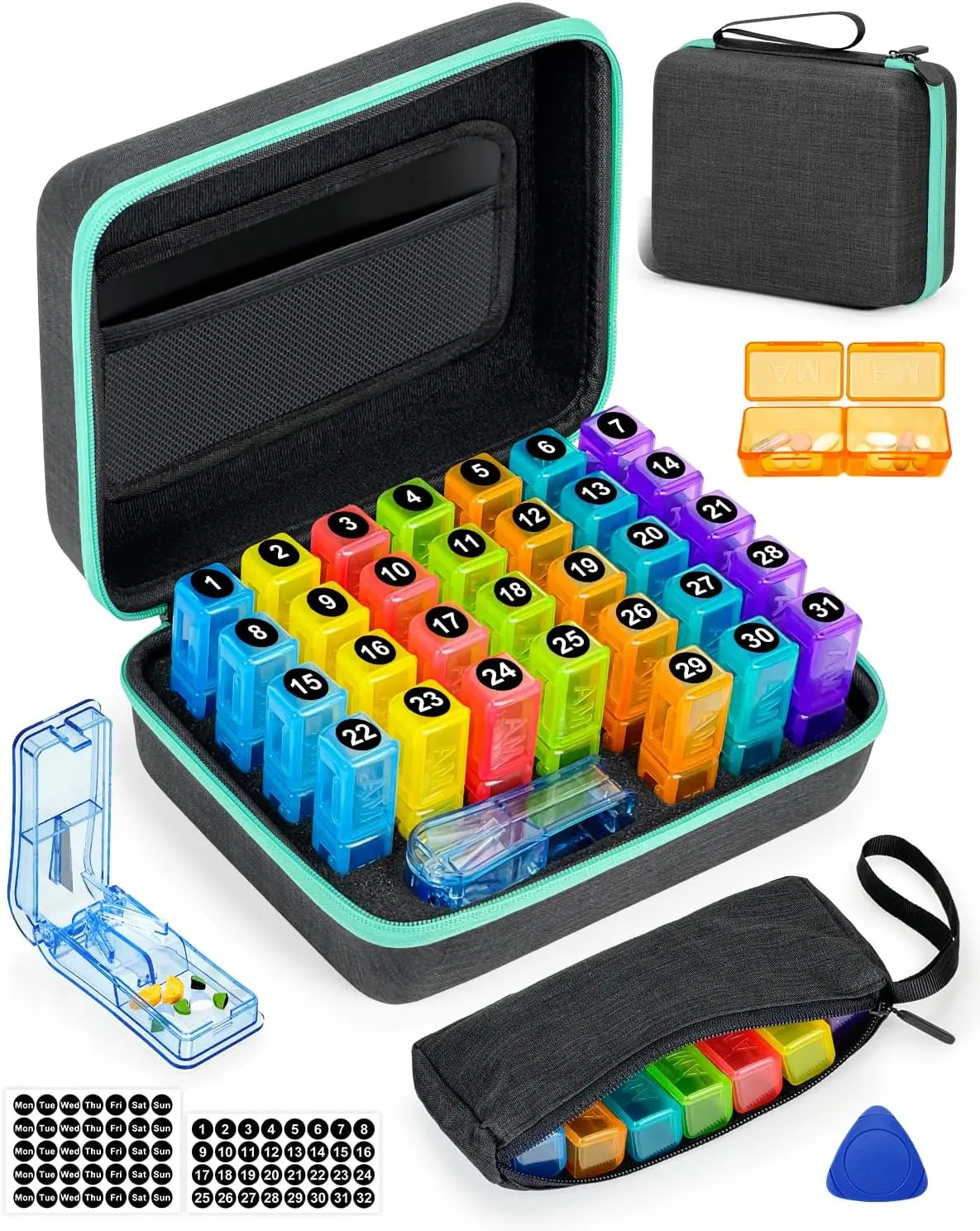Monthly Pill Organizer 2 Times a Day with Weekly Pill Bag, Portable Hard Shell & Pill Cutter, Plastic Opening Pick, Monthly & Weekly Stickers