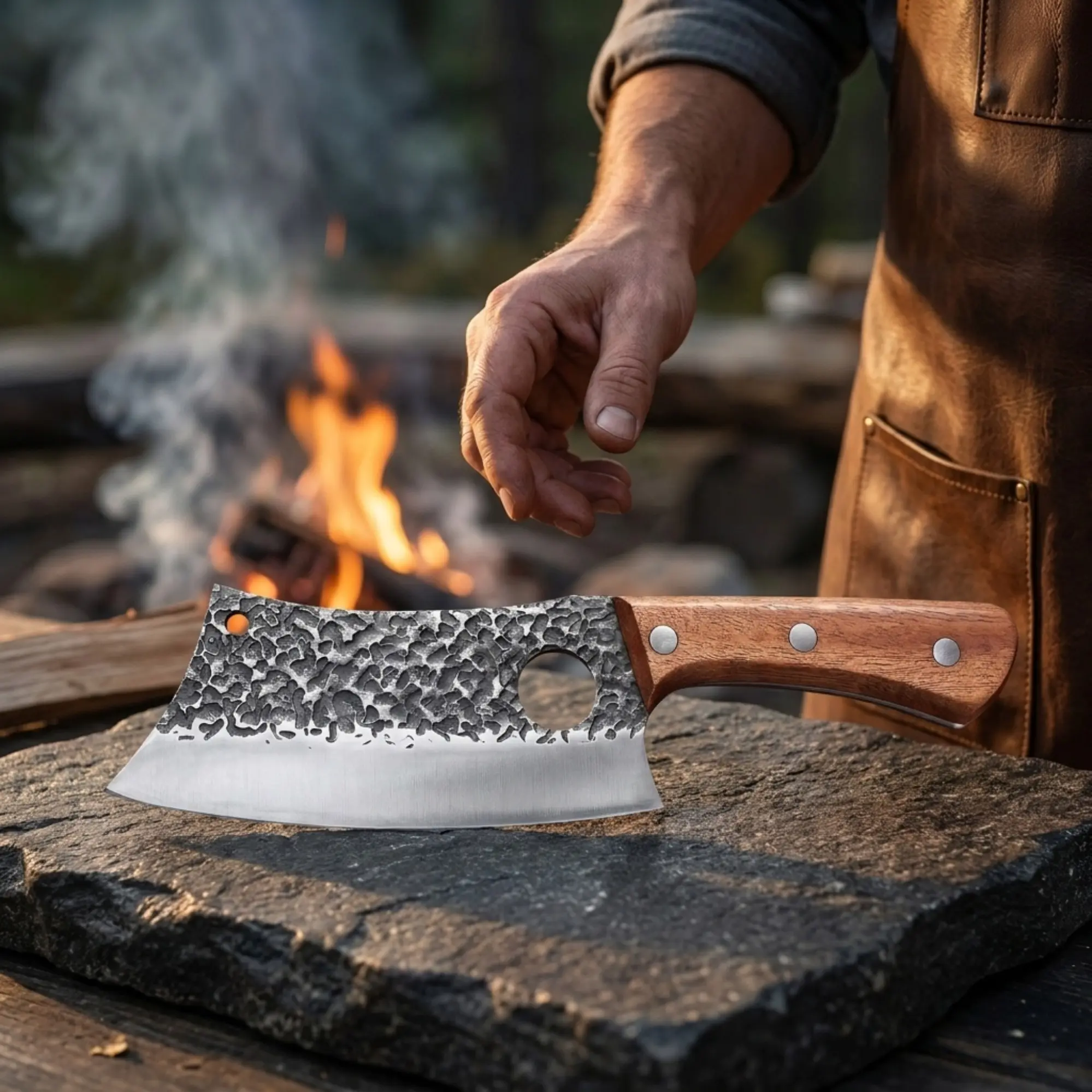 Hand-Forged High-Carbon Steel Meat Cleaver - Japanese Kitchen Knife with Wooden Handle, Full-Tang Blade for Meat, Vegetable Preparation,kitchen knives