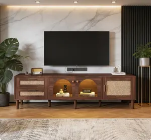 Boho Rattan TV Stand with 3 Cabinets and 2 Drawers, Spacious Media Console Table Fits TVs up to 80 Inch, Stylish Rattan-Style TV Cabinet, Functional Storage Furniture for Living Room, Bedroom and Home Theatre