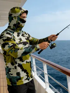 Men's Fishing Camo Hoodie with Face Cover, Long Sleeve Neck Sailing Shirt for Summer Performance, Hunting Jersey and Beach Tops Wear