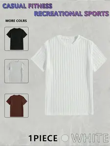 Men's Casual Striped Knit Crew Neck Short Sleeve T-Shirt, Fitted Elastic Top, Breathable Sweat-Wicking Fabric, Summer Streetwear
