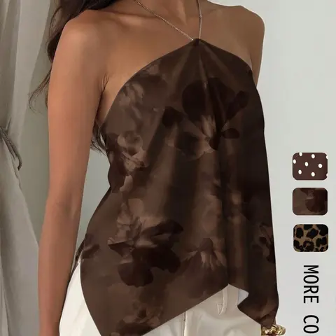 Women's Elegant Chic Casual Adjustable Tie-Dye Satin Printed Halter Neck Beach Vacation Top, Beach Vacation Scarf Top, Summer Top, Old Money Top Women, Summer Outfit, Bohemian, Boho Summer Clothes, Boho Fashion Casual
