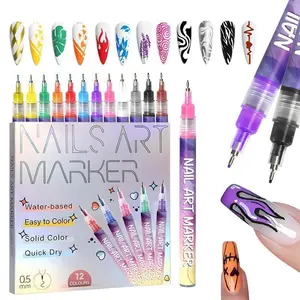 12 Color Acrylic Nail Marking Pen Set, Fast Dry 3D Doodle Pens, Fine Tip, Suitable for DIY & Nail Salon Use, Nail Art Design, Nail Art Tools