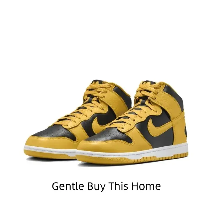 Men’s yellow black two-tone high-top casual skate shoes, premium smooth full-grain genuine leather upper, bright golden yellow matched with matte black overlays, clean white segmented rubber outsole, retro tall collar street trainers.