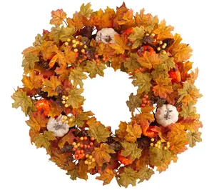 Nearly Natural 30" Autumn Pumpkin & Maple Leaf Wreath