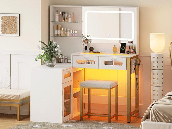 CollaredEagle Rectangular Wood Makeup Vanity Desk - Freestanding Modern Aesthetic Vanity with LED Lighted Mirror, Drawers, Storage Cabinet, Charging Station, Cosmetic Organizer & Matching Stool (White/Black)