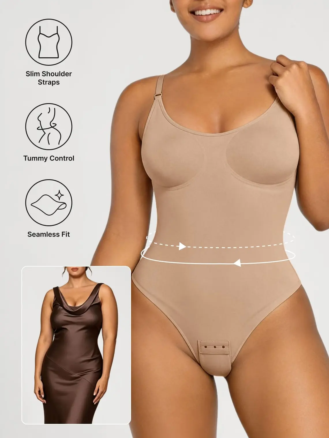 Azazie Women's Thin Strap Seamless Thong Bodysuit, Invisible Tummy Control Shapewear