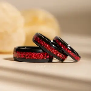Matching Black Tungsten Rings with Red Lab-Created Garnet - 4MM, 6MM, 8MM
