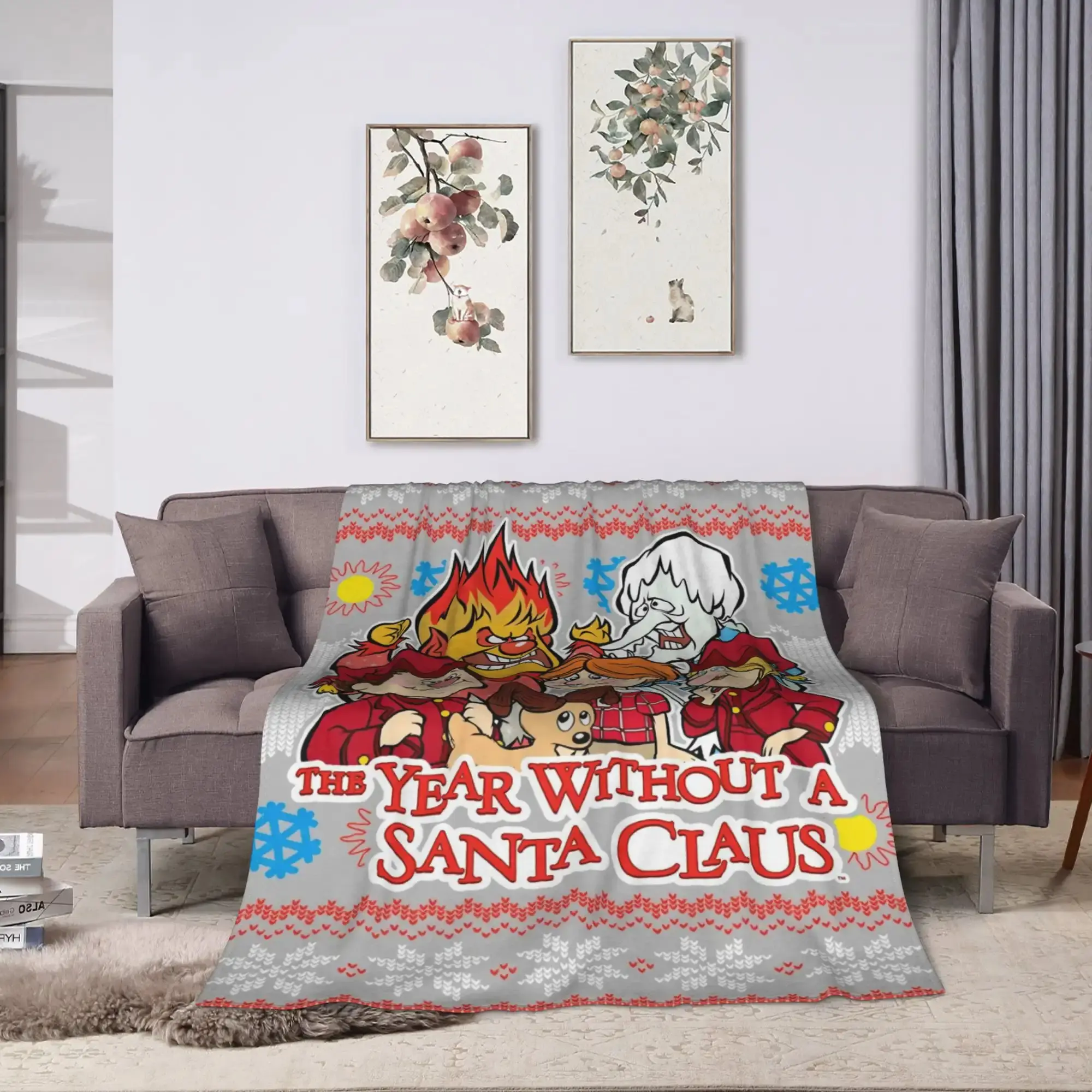 The Year Without a Santa Claus Ultra-Soft Wrinkle-Resistant Flannel Throw Blanket - Vintage Prints All-Season Use Couch/Bed Blanket - Snow Miser, Heat Miser Design - Red, Green, Golden Holiday Gift for Animated Special Fans