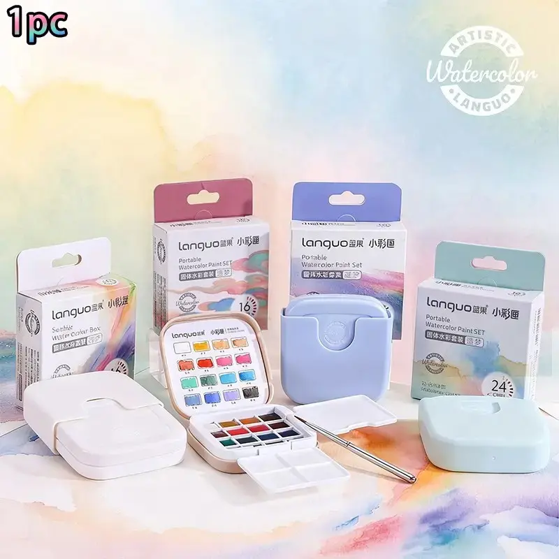 LanGuo 16-Color Solid Watercolor Paint Set, Mini Portable Palette Box, Water Color Kit, Art Painting Coloring Supplies, Art Materials for Students Beginners, Art Supply