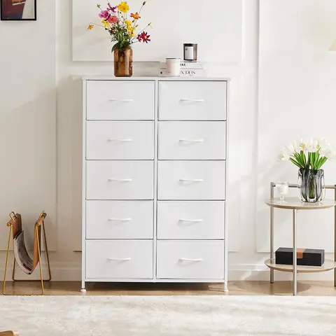 Sweetcrispy 10-Drawer Tall Modern Fabric Vertical Bedroom Dresser - Durable Wood-Top Freestanding Organizer with Sliding Door, Adjustable Legs, Quick Setup, Assembly Required for Storage Organization, Drawers for Bedroom, Nursery Use