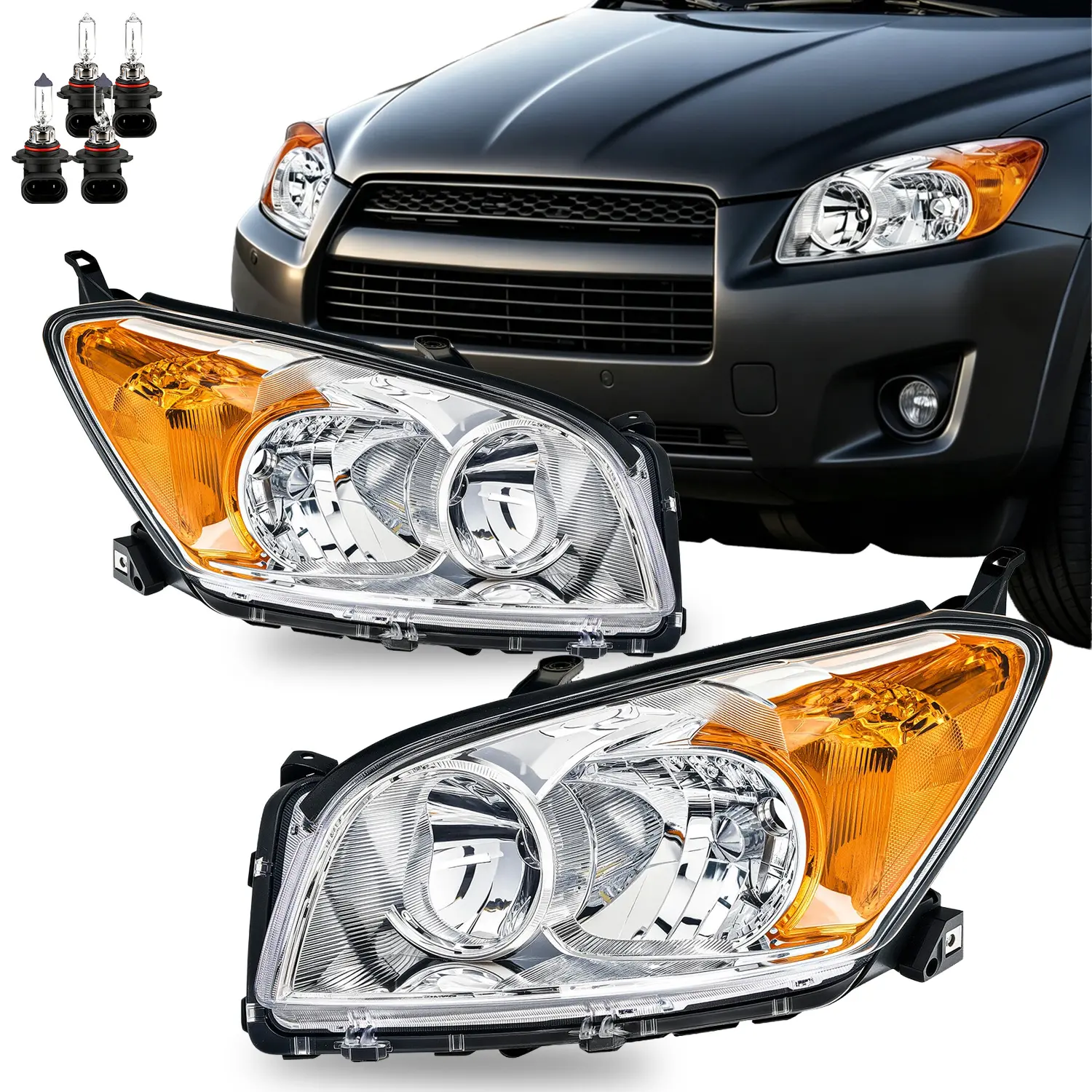 Headlight Assembly with Bulbs for 2009-2012 Toyota RAV4 Headlamp Chrome Housing Replacement Driver and Passenger Side
