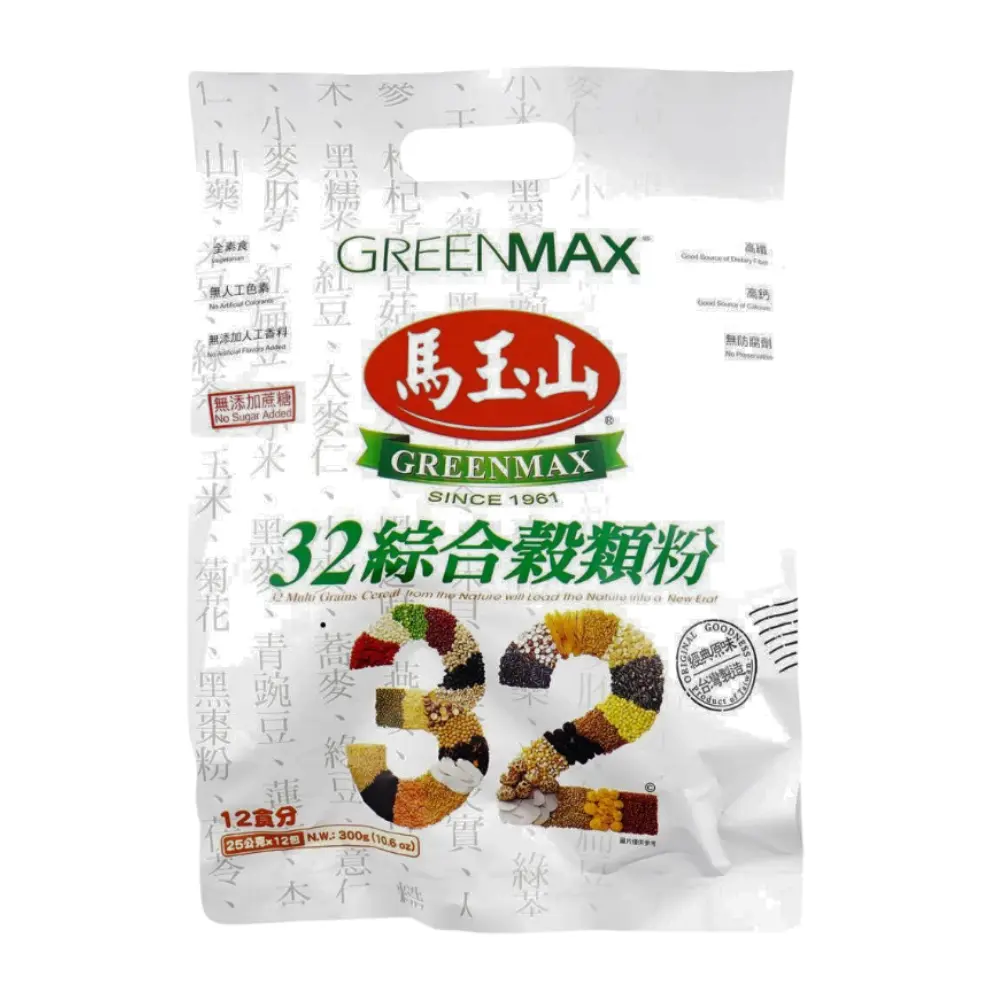 Greenmax 32 Multi-Grains Breakfast Cereal, 300g - Oatmeal, Buckwheat, Brown Rice, Wheat Germ, Black Sesame, Ginkgo, Soybean, Vitamin C, High Fiber Meal, Iron, Green Tea, Chrysanthemum Pantry Food
