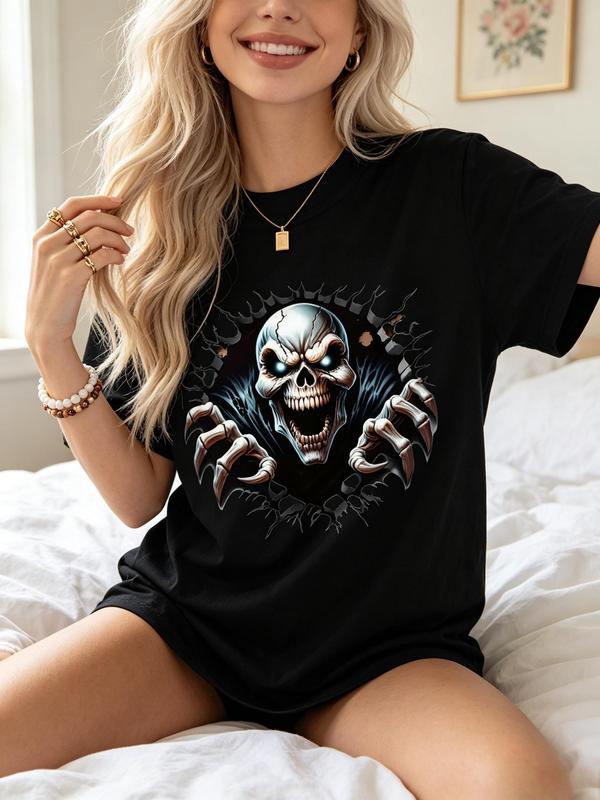 Women's Black Gothic Vintage Skeleton Graphic Crew Neck Short-Sleeve Fitted Cut Soft Cotton T-Shirt - Lightweight, Breathable Everyday Casual Wear Top for Valentine's Day