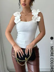 1 Piece Summer Women Lady Slim Bodycon Square Neck Camisole Top, Fitted Cami Top, 3D Flower Decor Sleeveless Ribbed Knit Tank Top, Sexy Waist Shaping Figure Flattering Party Club Night Out Daily Casual Vintage Elegant Going Out Fashion Clothes