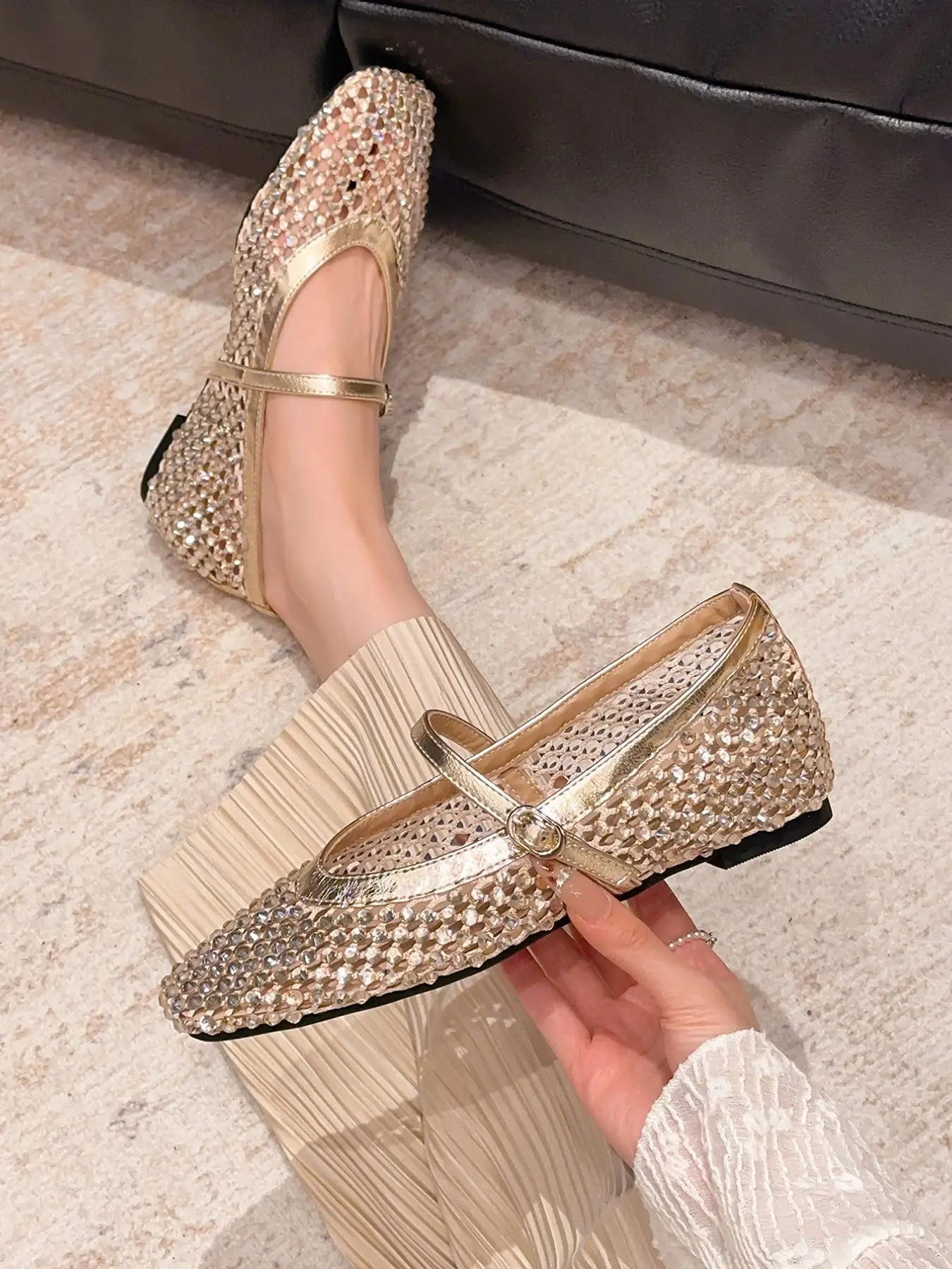 French Simple Classy Style Square Toe Mesh Drilled Buckle Slip-On Women Mary Jane Shoes, Spring Autumn New Fairy Wind Height Increasing Commuter Work Walking Shoes Casual Flats