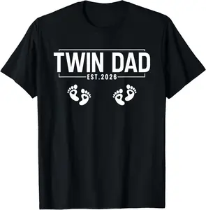 100% Cotton Twin Dad Est. 2026 Pregnancy Announcement Fathers Day Dad T-Shirt