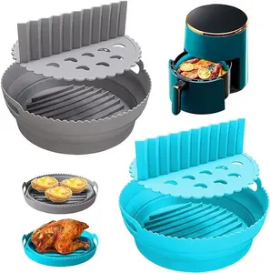 Air Fryer Silicone Liner 8.6 Inch Round for 5–8 QT, Nonstick Reusable Basket Liner with Divider for Two Foods, Collapsible Heat Resistant 446°F Gray