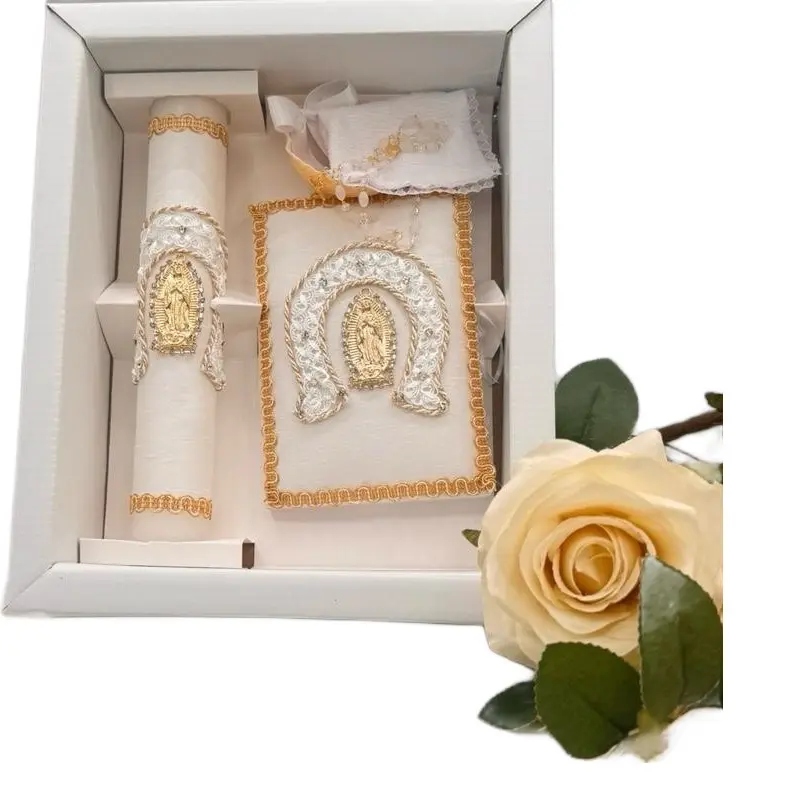 Traditional Christian 5-Piece Baptism Celebration Gift Set - 8 in White Candle, Rosary, New Testament, Decorations in Box for Boys, Girls (English, Spanish, White-Gold)