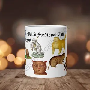 Weird Medieval Cats mug, funny ugly cats coffee cup, cat lover gift