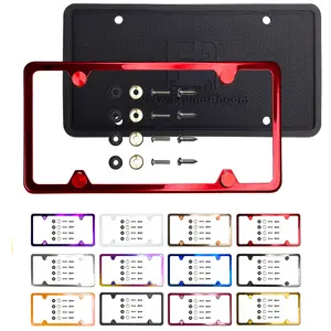 Silicone Back Guard Four Holes Slim License Plate Frame Candy Red Powder Coated Universal Fit Aluminum Screw On Cap Cover, T304 Stainless Steel, Rust Proof Weather Proof (Qty: 1 Frame)