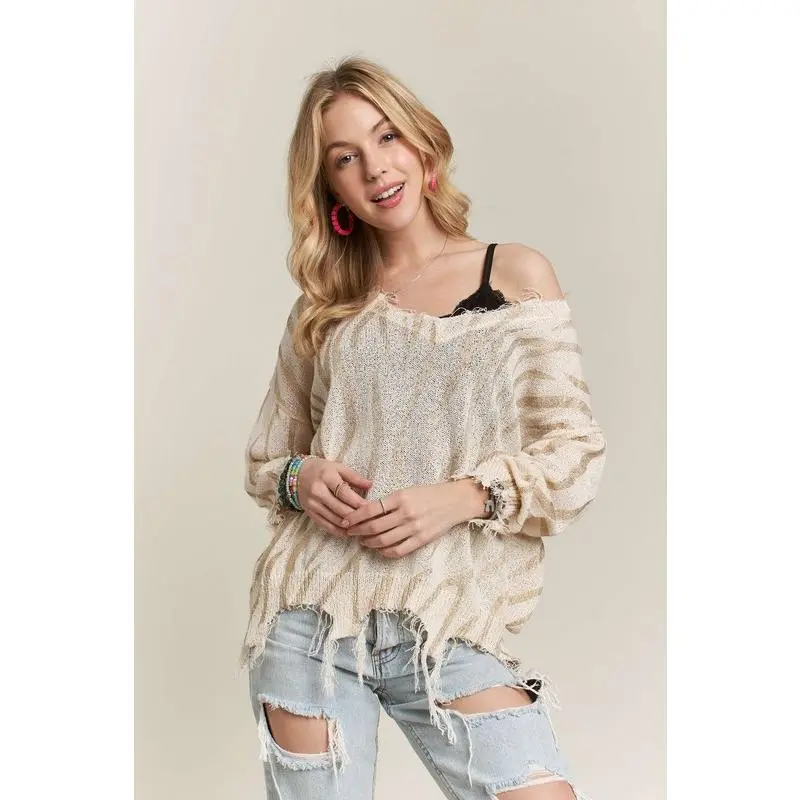 ADORA Frayed Zebra Knit Top - Stylish Knit Top with Frayed Zebra Design, Comfortable Fit, and Versatile Style Cotton Shirts