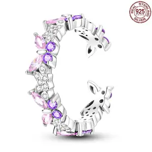 Pink & Purple Butterfly Open Ring 925 Sterling Silver Sparkling CZ Animal Rings for Women Fairycore Aesthetic Trendy Jewelry Gift