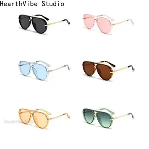 2026 New Fashion UV400 Oversized Aviator Sunglasses Retro Neon Green Black Pink Blue Red Brown