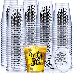 100 Pcs 2 oz Plastic Disposable Shot Glasses for 30th Birthday Party-Clear Whiskey Glasses, Party Favors for Her and Him, Anniversary Decorations (Black)