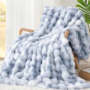 Luxury 1000GSM Faux   Throw Blanket, Super Heavy Warm Cozy Grey Blankets for Couch Bed Sofa, Ruched Plush Fuzzy Elegant Soft Reversible  Blanket for Living Room Bedroom, Blue