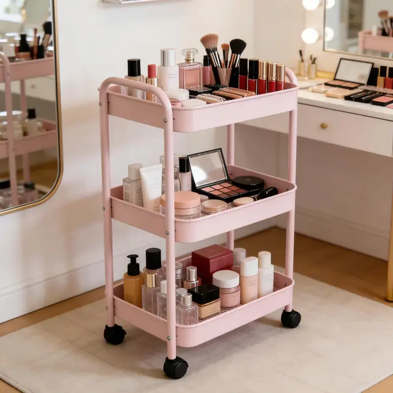 3-Tier Pink Rolling Storage Cart with Wheels - Multifunctional Mobile Home Organizer with Breathable Mesh Design, Hat Organizer, Shoe Rack for Kitchen, Bathroom Organization, Office Supplies, Utensils Storage