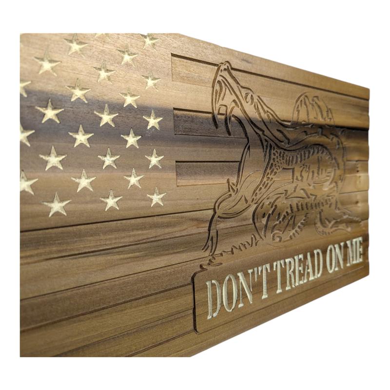 Rustic Wood American Flag, Don't tread on me, Patriotic Wall Art with Precision cut Don't tread on me design on the flag